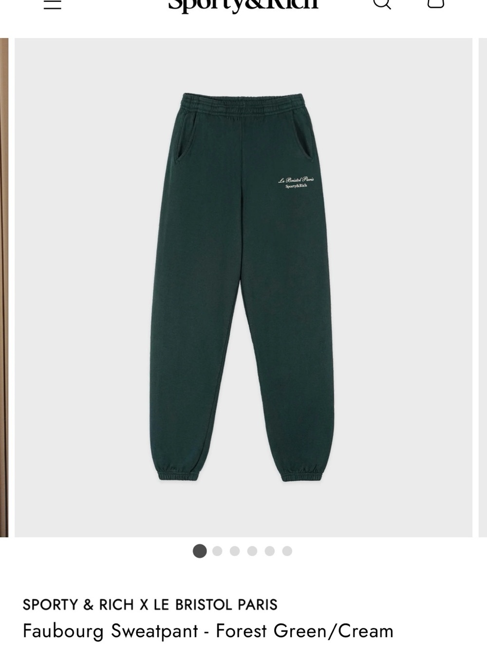 Rare Sporty & Rich Dark Green 'Le Bristol Paris' Logo Sweatpants